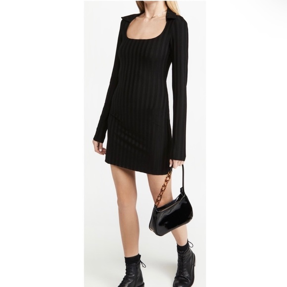 NEW REFORMATION BLACK RIBBED LONG SLEEVE MINI DRESS - Picture 9 of 9
